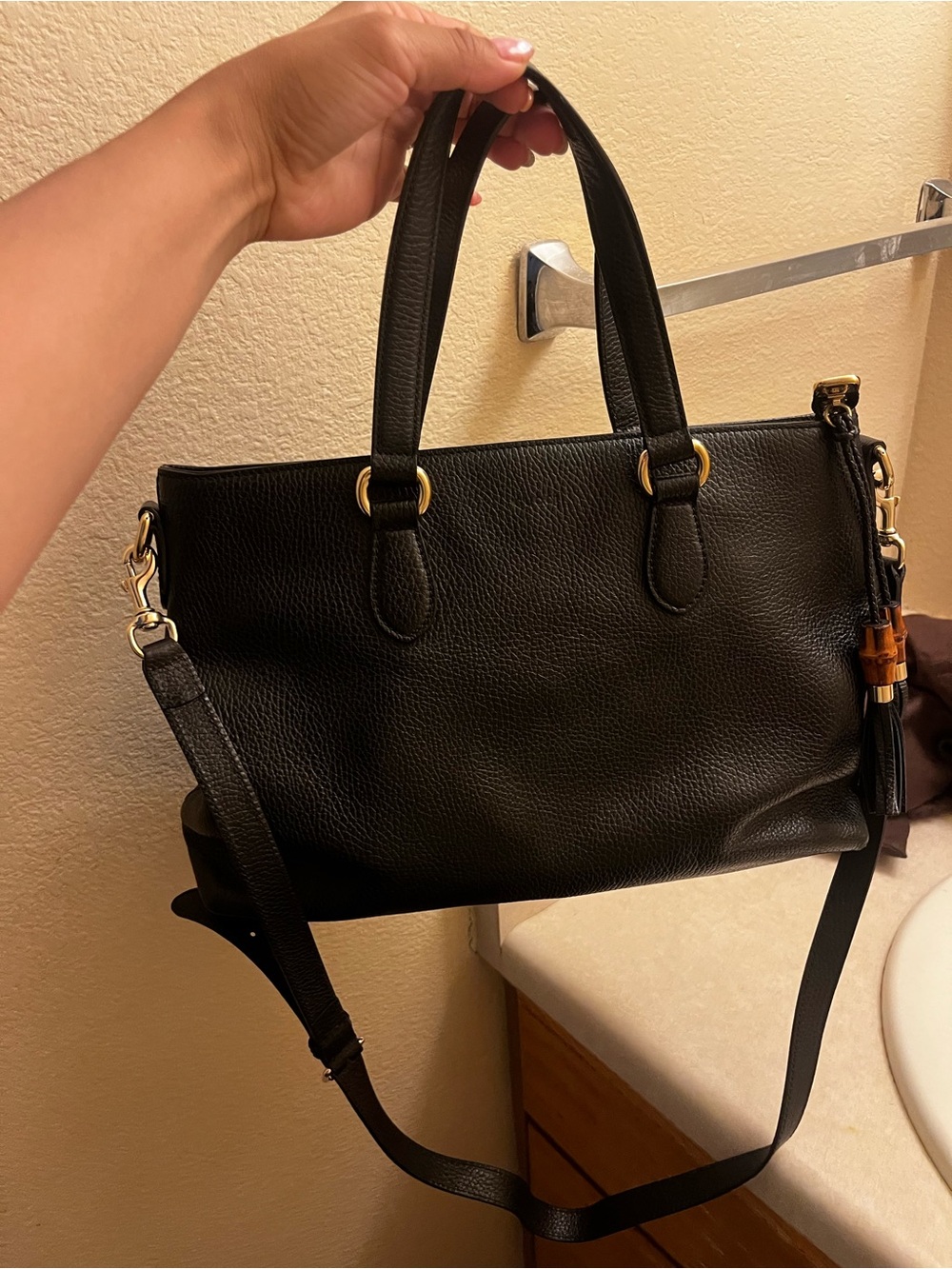 Black Leather Tote Handbag with Gold Hardware - Picture 11 of 11